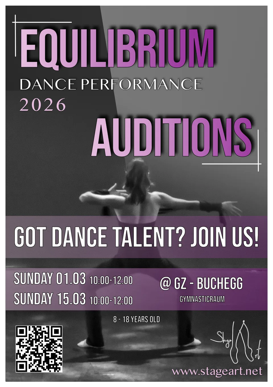 Auditions 2026 flyer for StageArt's Equilibrium dance show